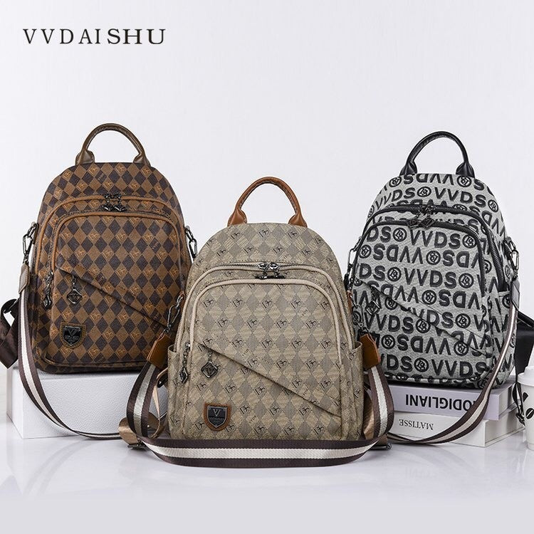 VVDAISHU Tas fashion wanita dengan cetakan vintage desainer dari kulit PVC, ransel wanita